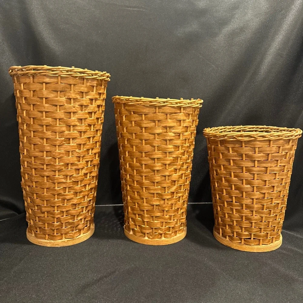Vintage 3pc Set Woven Wicker Display Basket Vases w/ 2 Metal Liners 14